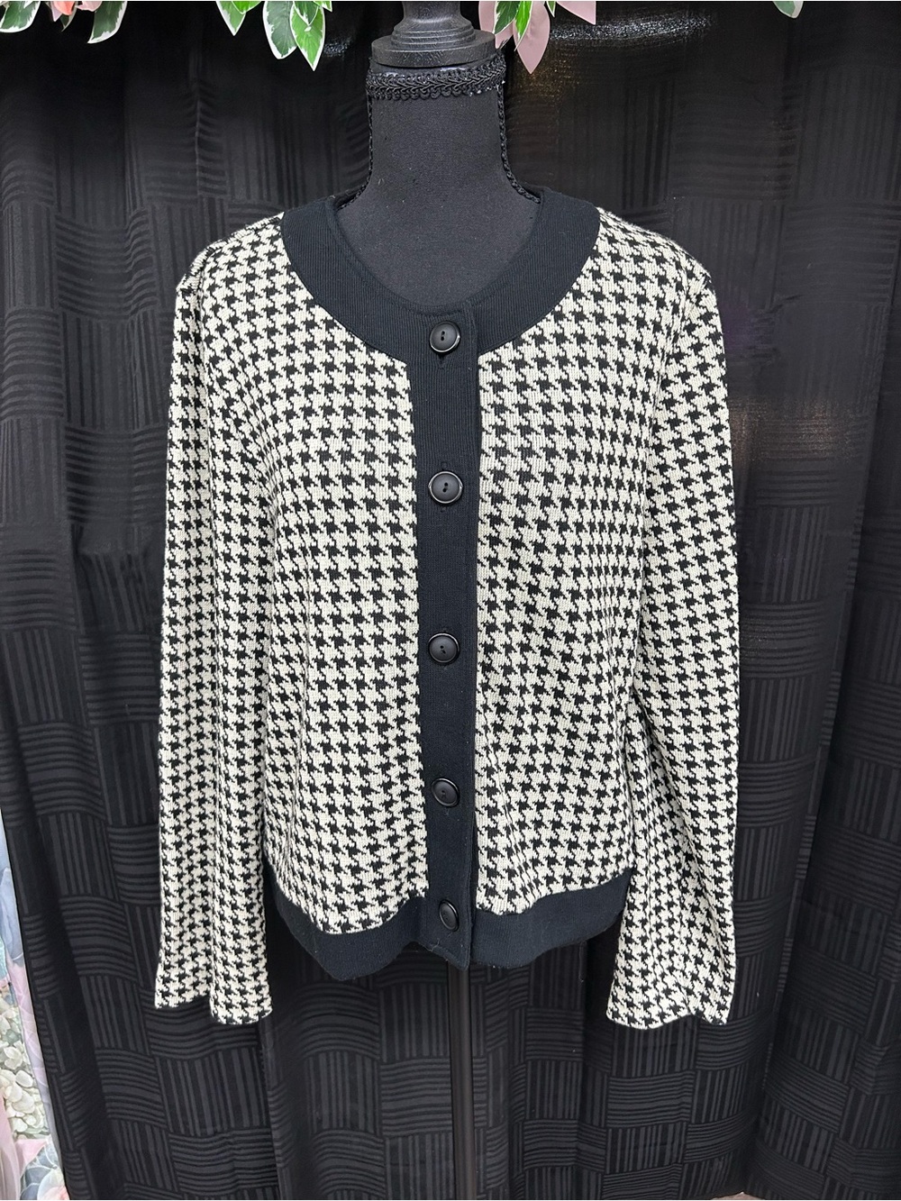 VTG Weekenders Houndstooth Cardigan Knit Sweater Jacket Black White Medium